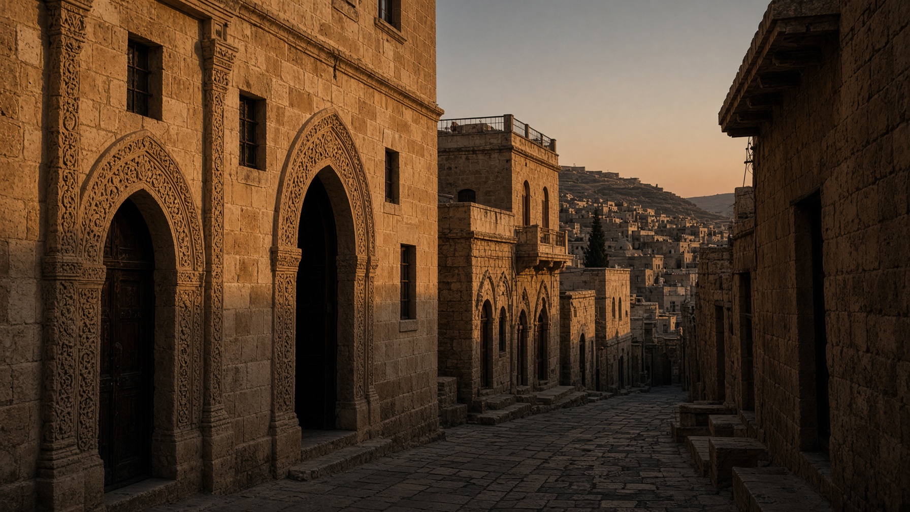 Mardin'de sıcak taş cepheler ve alacakaranlık bir sokak.